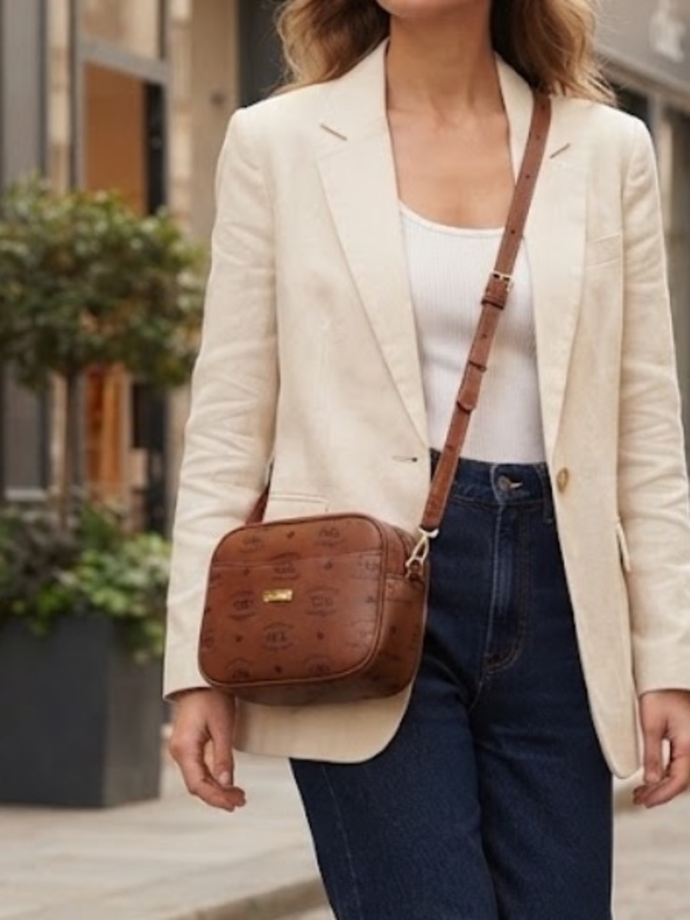 VINTAGE HLC Small Monogrammed Brown Leather Shoulder Crossbody Bag